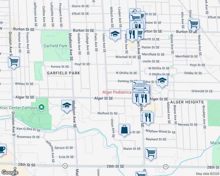 map of restaurants, bars, coffee shops, grocery stores, and more near 604 Griswold Street Southeast in Grand Rapids