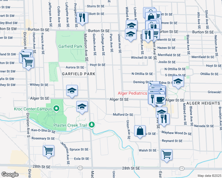map of restaurants, bars, coffee shops, grocery stores, and more near 2332 College Avenue Southeast in Grand Rapids