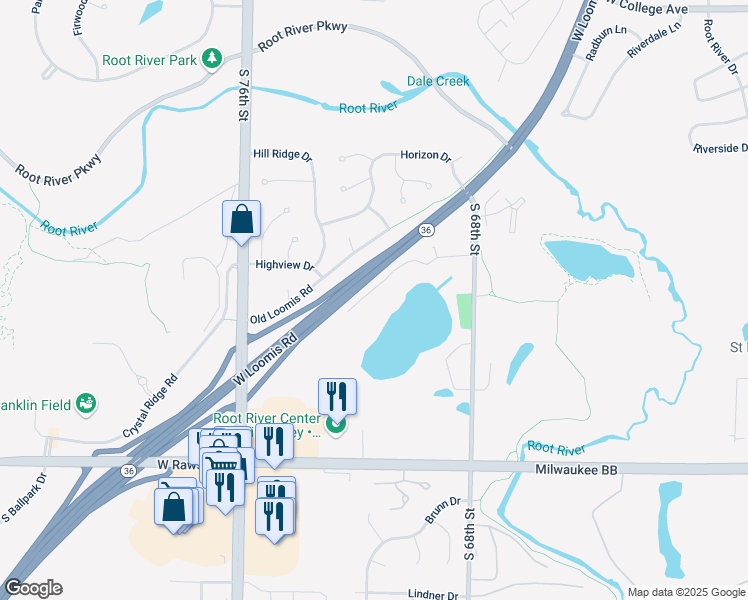 map of restaurants, bars, coffee shops, grocery stores, and more near 6801-6865 South 68th Street in Franklin