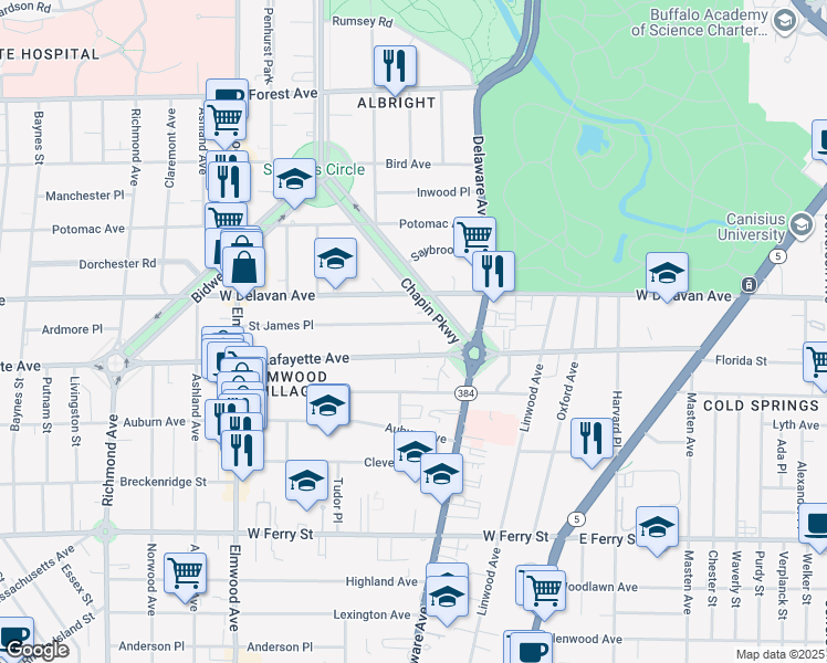 map of restaurants, bars, coffee shops, grocery stores, and more near 28 Saint James Place in Buffalo