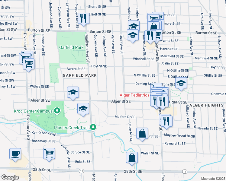 map of restaurants, bars, coffee shops, grocery stores, and more near 2332 College Avenue Southeast in Grand Rapids