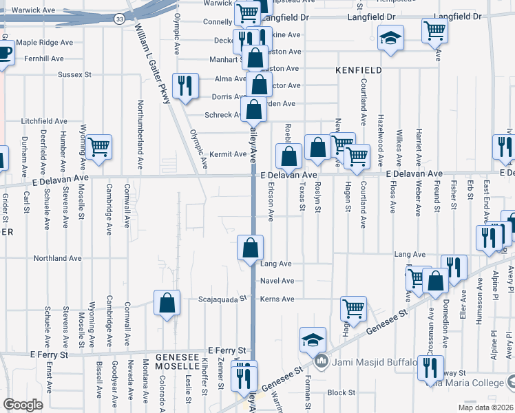map of restaurants, bars, coffee shops, grocery stores, and more near 118 Wecker Street in Buffalo