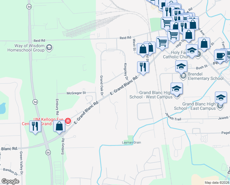 map of restaurants, bars, coffee shops, grocery stores, and more near 723 East Grand Blanc Road in Grand Blanc