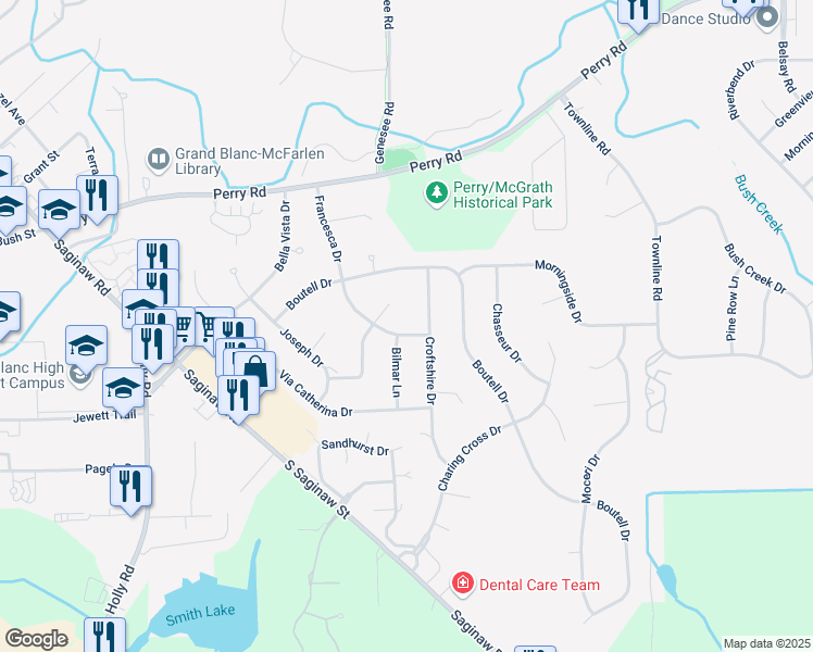 map of restaurants, bars, coffee shops, grocery stores, and more near 12141 Francesca Drive in Grand Blanc
