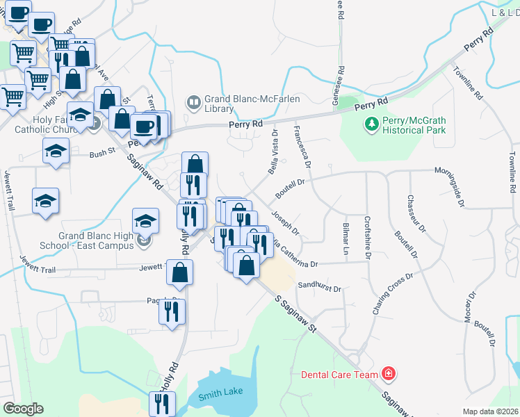 map of restaurants, bars, coffee shops, grocery stores, and more near 12729 Via Catherina Drive in Grand Blanc
