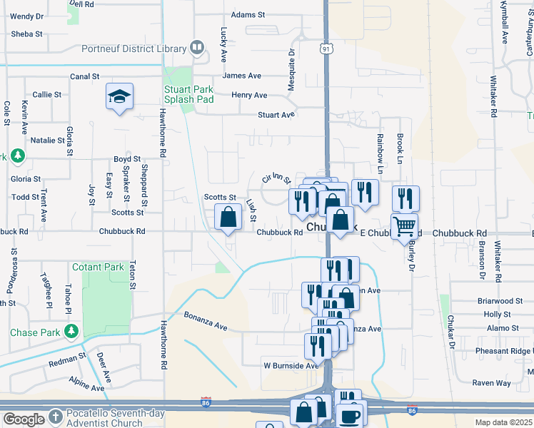 map of restaurants, bars, coffee shops, grocery stores, and more near 230 West Chubbuck Road in Pocatello