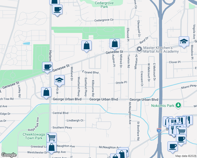 map of restaurants, bars, coffee shops, grocery stores, and more near 135 Kilbourne Road in Buffalo