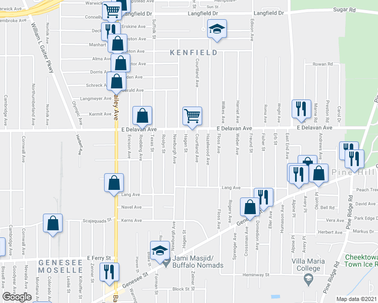 map of restaurants, bars, coffee shops, grocery stores, and more near 56 Courtland Avenue in Buffalo