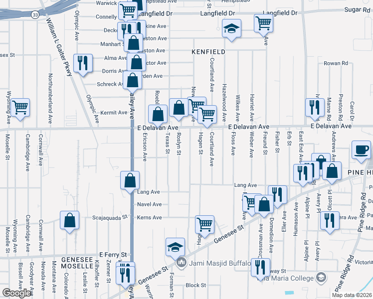 map of restaurants, bars, coffee shops, grocery stores, and more near 231 Newburgh Avenue in Buffalo