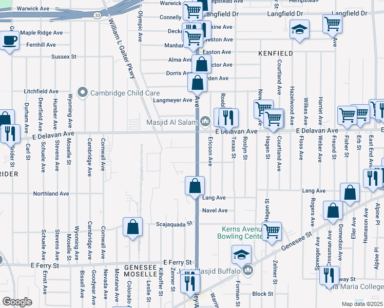 map of restaurants, bars, coffee shops, grocery stores, and more near 76 Wecker Street in Buffalo