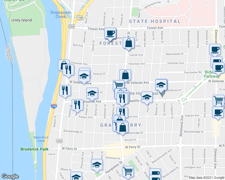 map of restaurants, bars, coffee shops, grocery stores, and more near 303 Herkimer Street in Buffalo