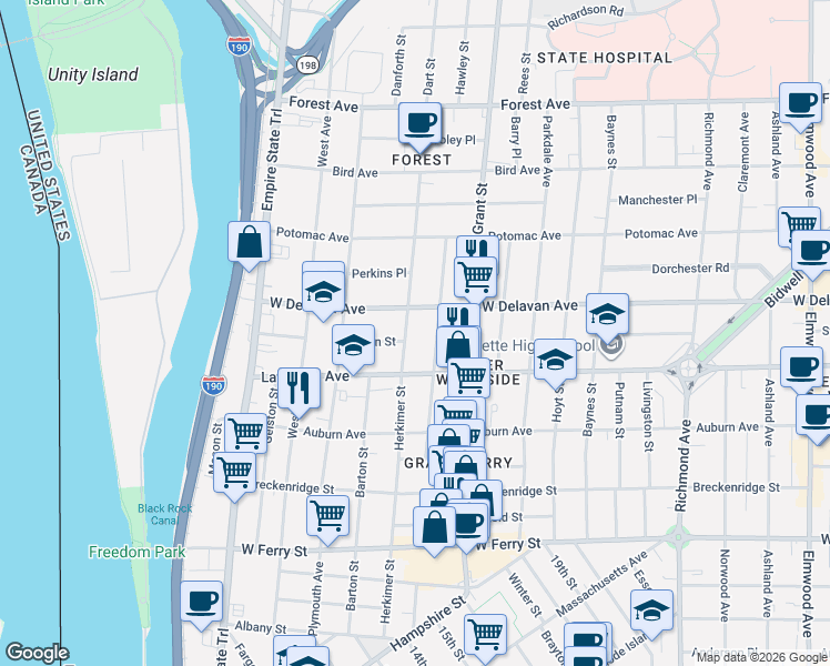 map of restaurants, bars, coffee shops, grocery stores, and more near 303 Herkimer Street in Buffalo