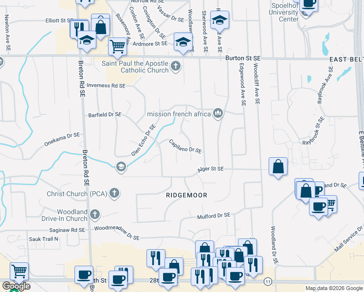 map of restaurants, bars, coffee shops, grocery stores, and more near 2730 Capilano Drive Southeast in Grand Rapids