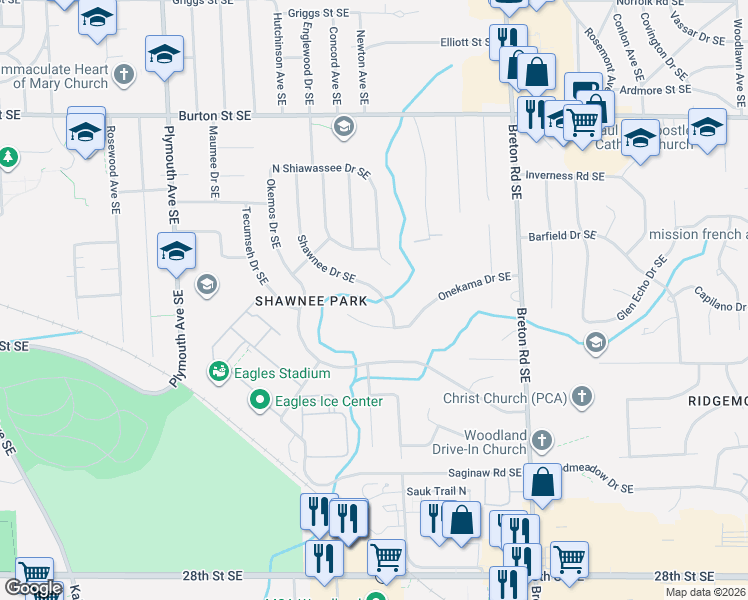 map of restaurants, bars, coffee shops, grocery stores, and more near 2111 Onekama Drive Southeast in Grand Rapids
