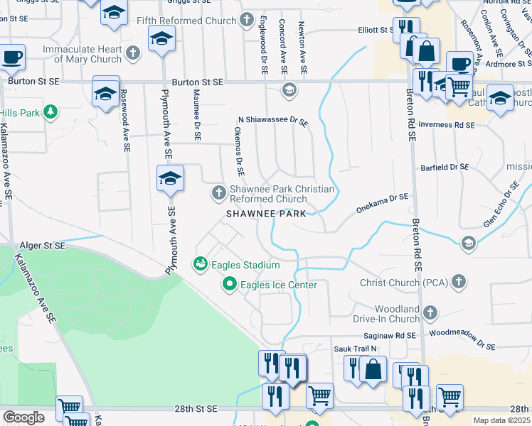 map of restaurants, bars, coffee shops, grocery stores, and more near 2331 Okemos Drive Southeast in Grand Rapids