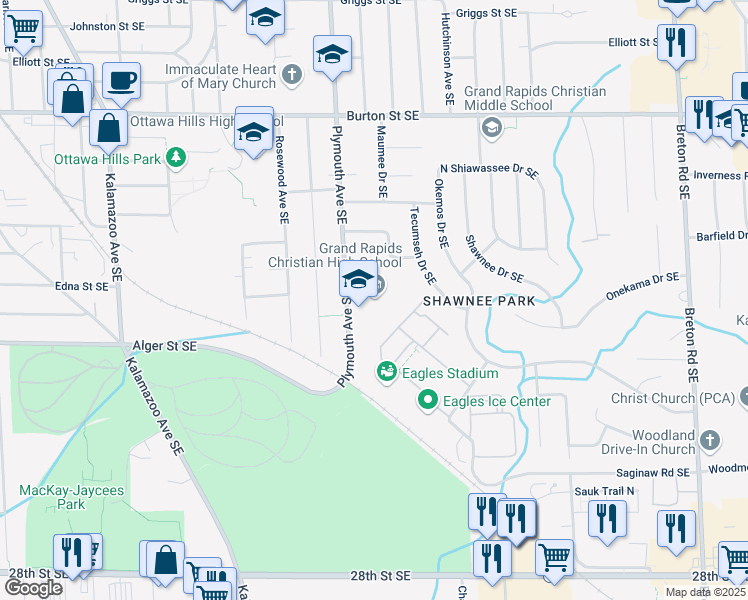 map of restaurants, bars, coffee shops, grocery stores, and more near 2300 Plymouth Avenue Southeast in Grand Rapids