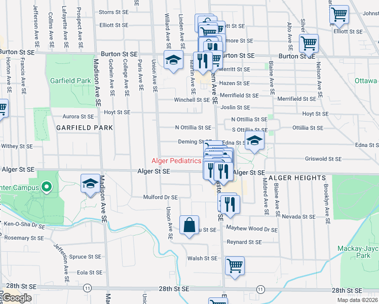 map of restaurants, bars, coffee shops, grocery stores, and more near 656 Griswold Street Southeast in Grand Rapids