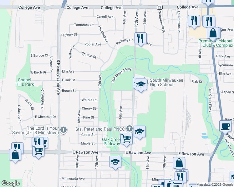 map of restaurants, bars, coffee shops, grocery stores, and more near 1602 Walnut Street in South Milwaukee