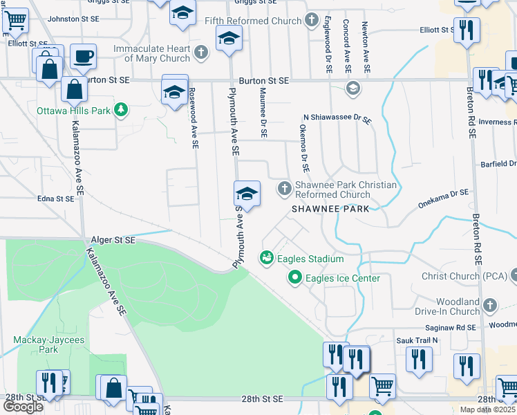map of restaurants, bars, coffee shops, grocery stores, and more near 2300 Plymouth Avenue Southeast in Grand Rapids