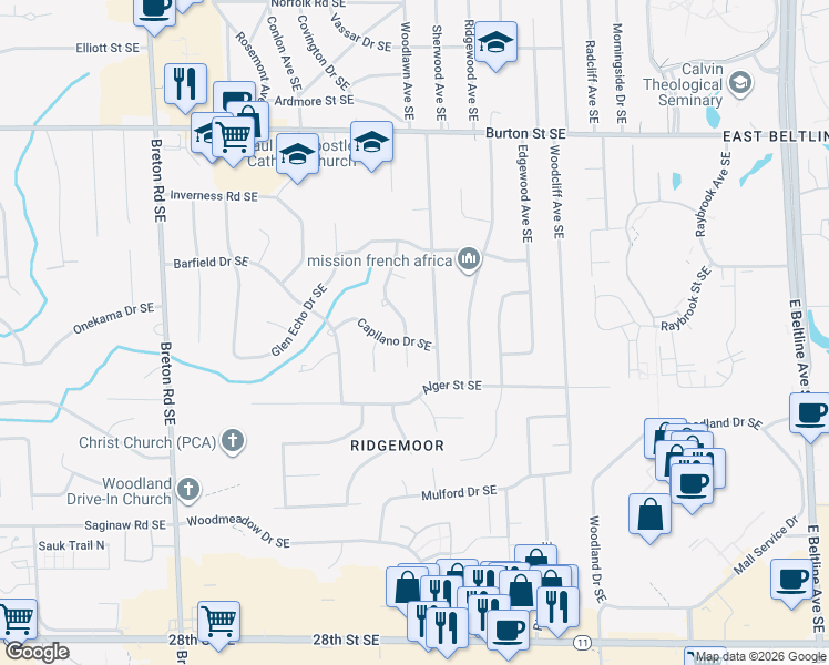 map of restaurants, bars, coffee shops, grocery stores, and more near 2336 Mission Hills Drive Southeast in Grand Rapids