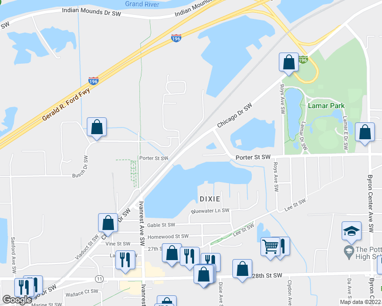 map of restaurants, bars, coffee shops, grocery stores, and more near 2982 Chicago Drive Southwest in Grandville