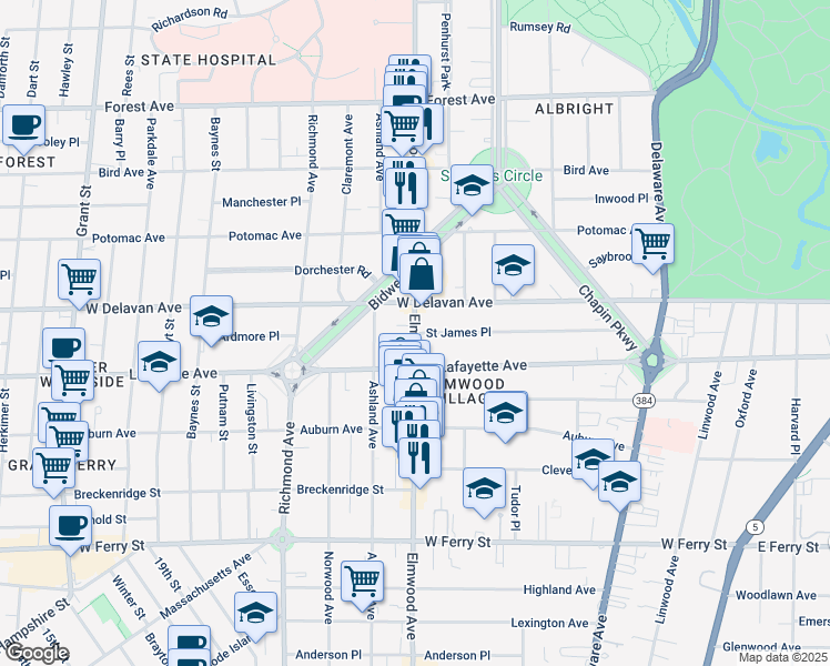 map of restaurants, bars, coffee shops, grocery stores, and more near Elmwood Ave & St James Pl in Buffalo