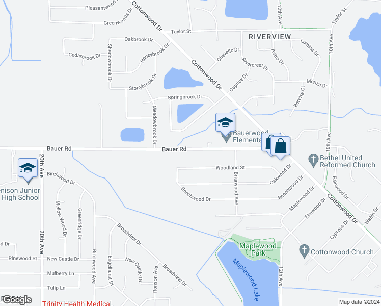 map of restaurants, bars, coffee shops, grocery stores, and more near 1502 Bauer Road in Georgetown Township