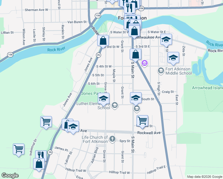 map of restaurants, bars, coffee shops, grocery stores, and more near 619 Grove Street in Fort Atkinson