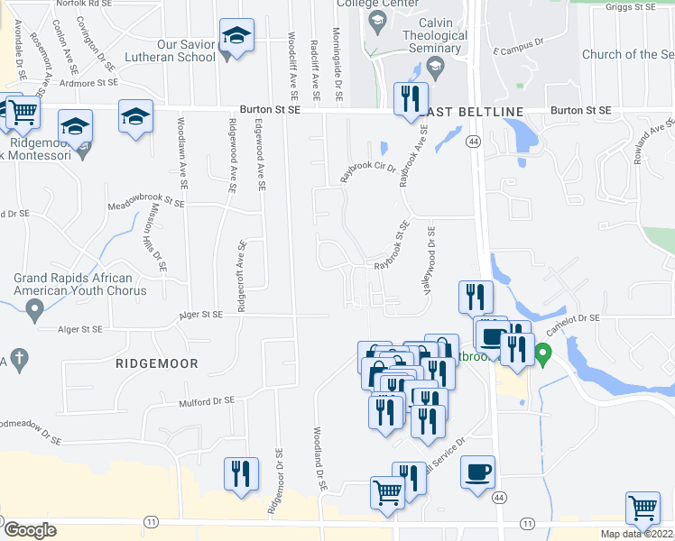map of restaurants, bars, coffee shops, grocery stores, and more near 2351 Radcliff Village Drive Southeast in Grand Rapids