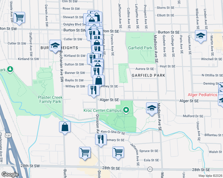 map of restaurants, bars, coffee shops, grocery stores, and more near 2318 Francis Avenue Southeast in Grand Rapids