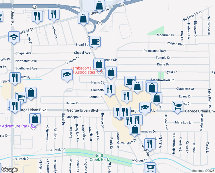 map of restaurants, bars, coffee shops, grocery stores, and more near 670 Dick Road in Buffalo