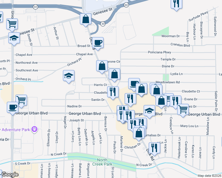 map of restaurants, bars, coffee shops, grocery stores, and more near 670 Dick Road in Buffalo