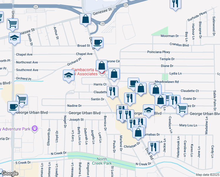 map of restaurants, bars, coffee shops, grocery stores, and more near 670 Dick Road in Buffalo