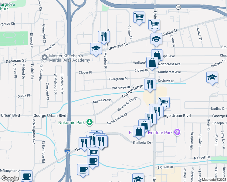 map of restaurants, bars, coffee shops, grocery stores, and more near 120 Miami Parkway in Cheektowaga