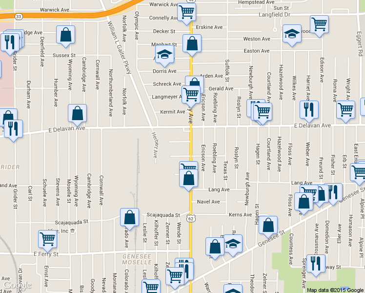 map of restaurants, bars, coffee shops, grocery stores, and more near 76 Wecker Street in Buffalo