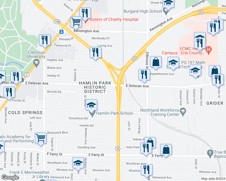 map of restaurants, bars, coffee shops, grocery stores, and more near 32 Regina Place in Buffalo