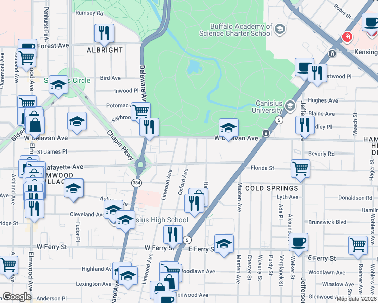 map of restaurants, bars, coffee shops, grocery stores, and more near 210 Oxford Avenue in Buffalo