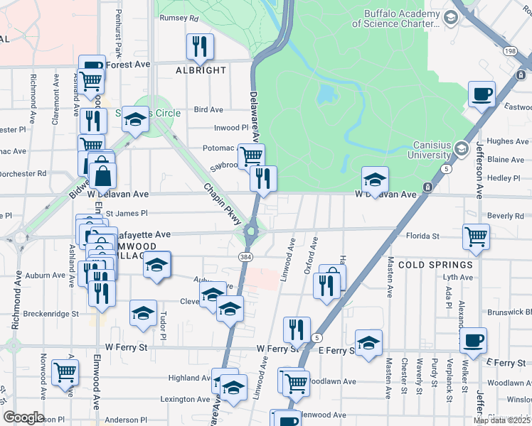 map of restaurants, bars, coffee shops, grocery stores, and more near 40 Gates Circle in Buffalo