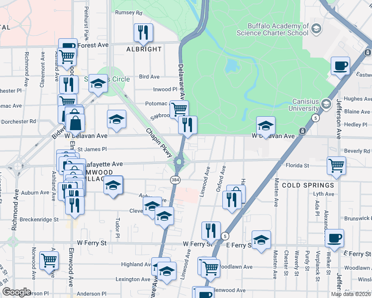 map of restaurants, bars, coffee shops, grocery stores, and more near 40 Gates Circle in Buffalo