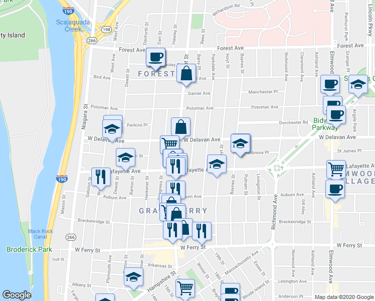 map of restaurants, bars, coffee shops, grocery stores, and more near 24 Greenwood Place in Buffalo