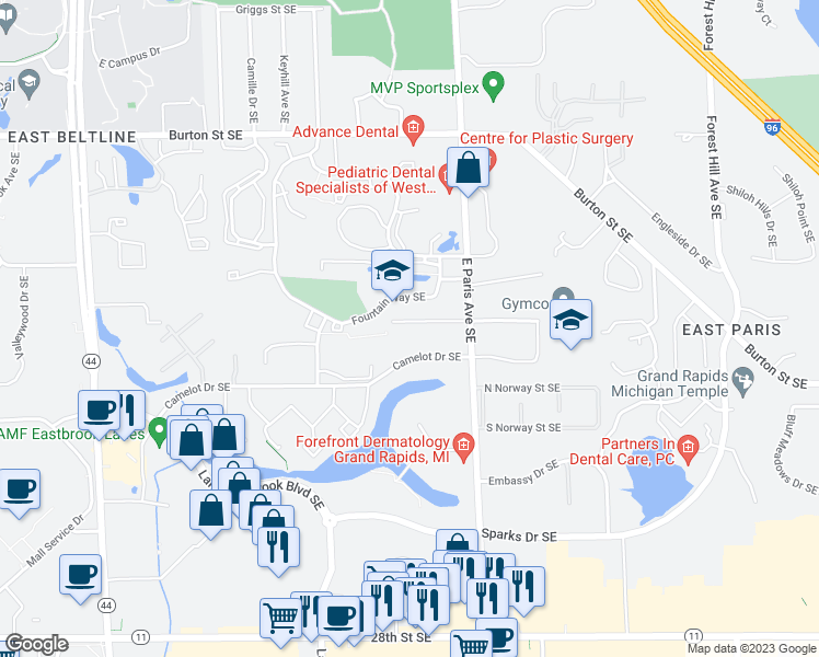 map of restaurants, bars, coffee shops, grocery stores, and more near 3925 Camelot Drive Southeast in Grand Rapids