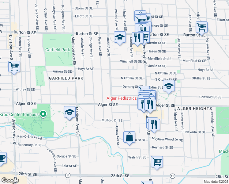 map of restaurants, bars, coffee shops, grocery stores, and more near 622 Griswold Street Southeast in Grand Rapids