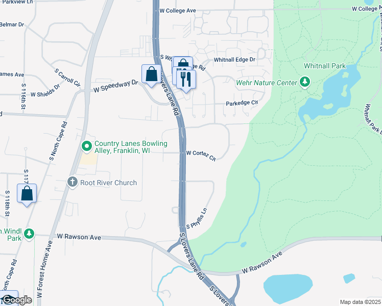 map of restaurants, bars, coffee shops, grocery stores, and more near 10594 West Cortez Circle in Franklin
