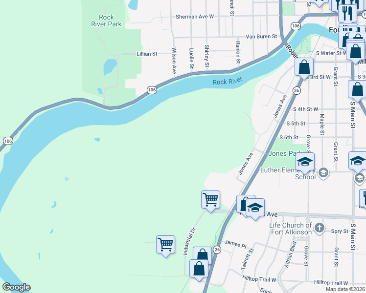 map of restaurants, bars, coffee shops, grocery stores, and more near in Fort Atkinson