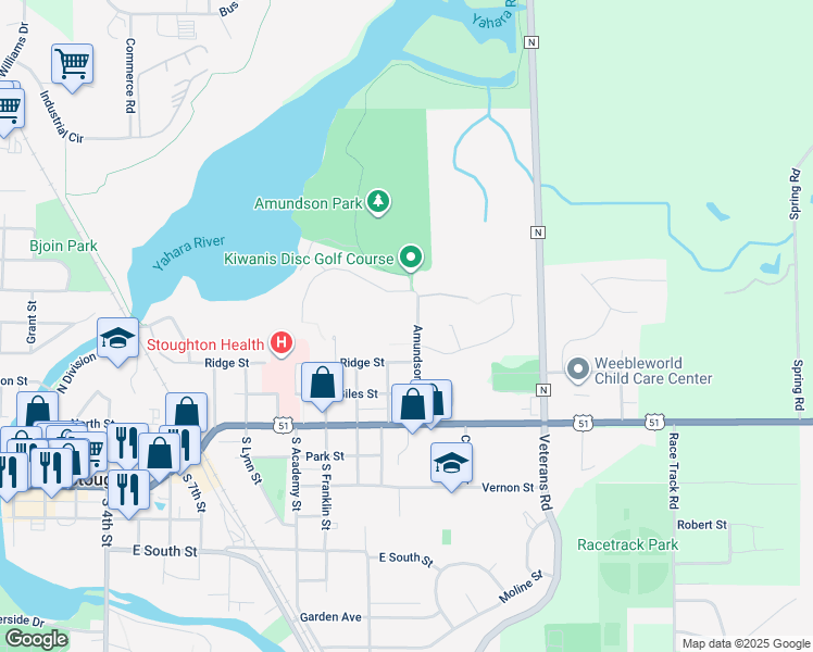 map of restaurants, bars, coffee shops, grocery stores, and more near 324 Amundson Parkway in Stoughton