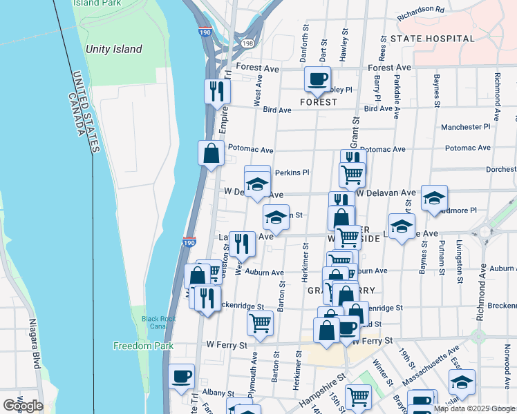 map of restaurants, bars, coffee shops, grocery stores, and more near 97 West Delavan Avenue in Buffalo