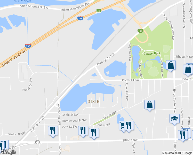 map of restaurants, bars, coffee shops, grocery stores, and more near 2860 Porter Street Southwest in Grandville