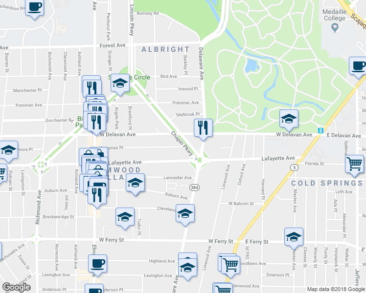 map of restaurants, bars, coffee shops, grocery stores, and more near 3 Saint James Place in Buffalo