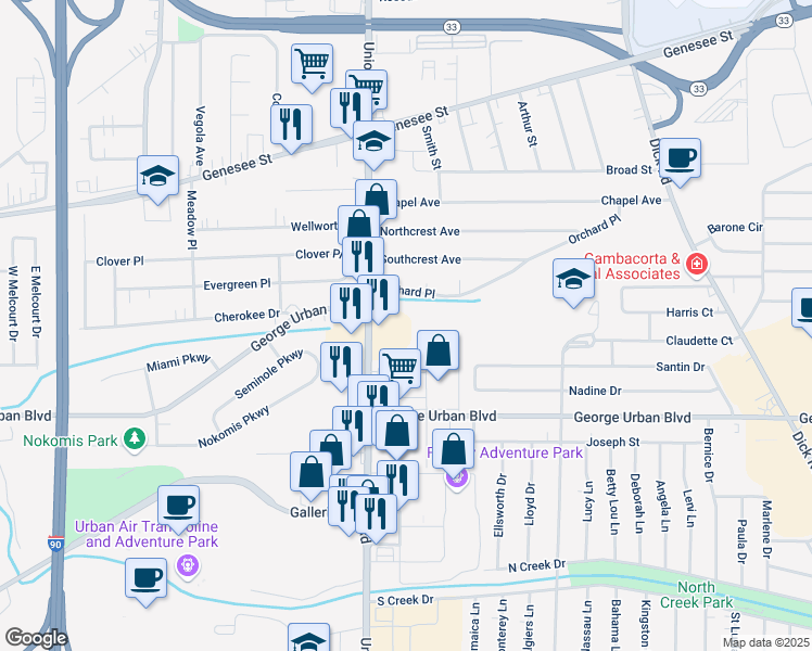 map of restaurants, bars, coffee shops, grocery stores, and more near 3901 Union Road in Buffalo