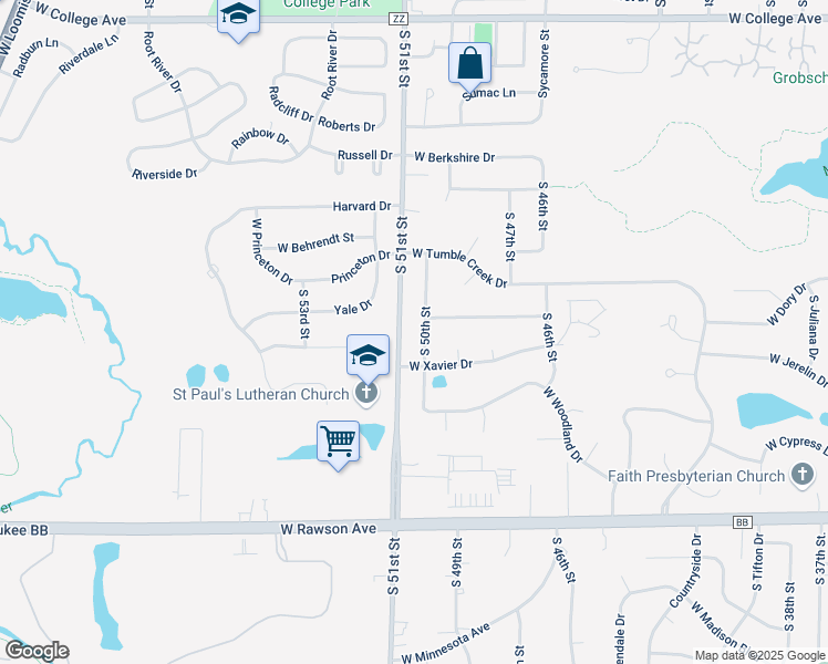 map of restaurants, bars, coffee shops, grocery stores, and more near 6795 South 51st Street in Franklin